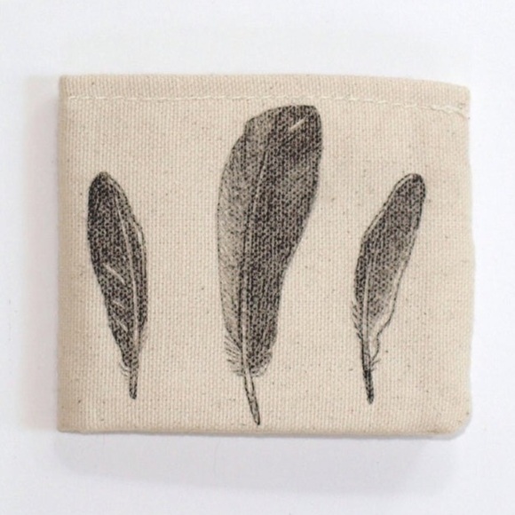 Canvas Wallet hand drawn feathers illustration beige tan small mens bifold - Picture 2 of 4